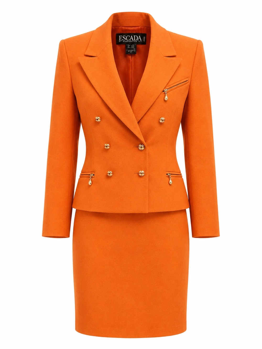 Escada by Margaretha Ley Tangerine Orange Double-Breasted Skirt Suit 38